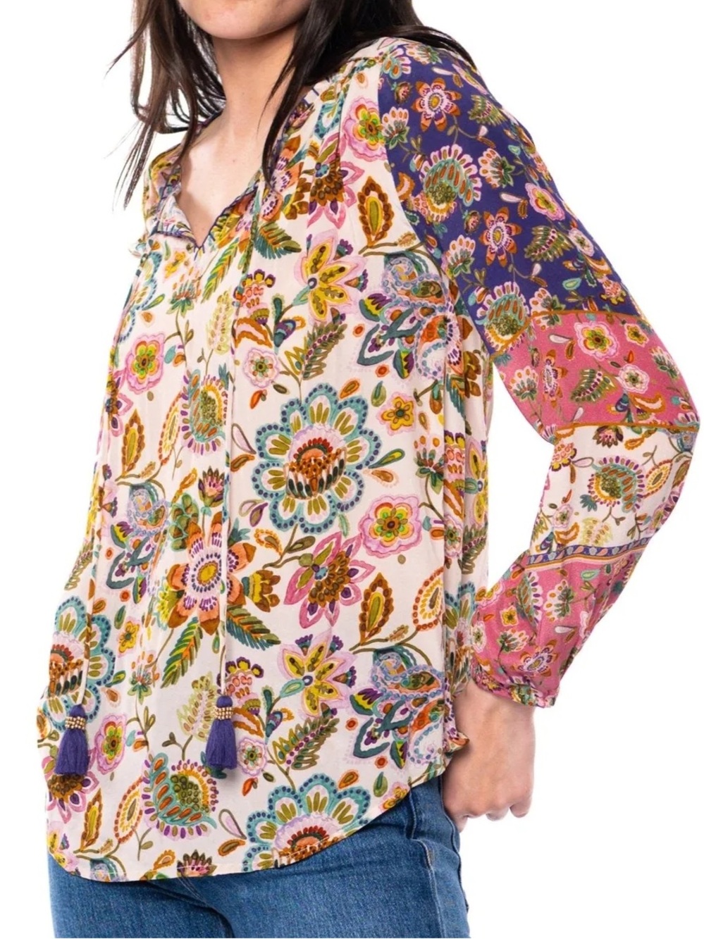 NWT. Tolani 100% silk Janessa Tassel Tie-Front Floral Blouse in Pink / Purple - Picture 11 of 11